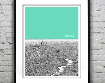 Kauai Hawaii City Skyline Poster Art Print HI Kilauea Lighthouse