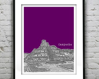 Campeche Mexico Skyline Poster Art Print Edzna Ruins Version 2