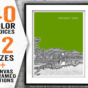 May include: A black and white illustration of a lake scene with mountains in the background. The text "Saranac Lake" is at the top of the image. The background is a solid green color.