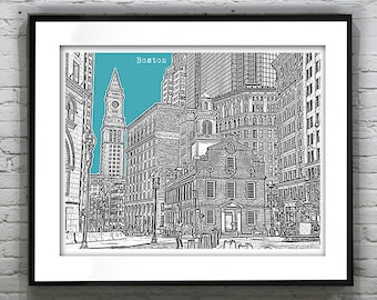 Boston MA City Skyline Poster Art Print Massachusetts Old State House Item T4428