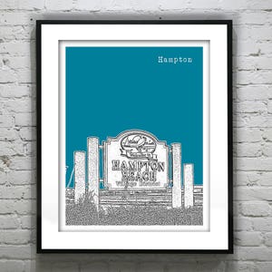 May include: A teal blue background with a black and white illustration of a sign that reads "Welcome to Hampton Beach Village District". The text "Hampton" is at the top of the image.