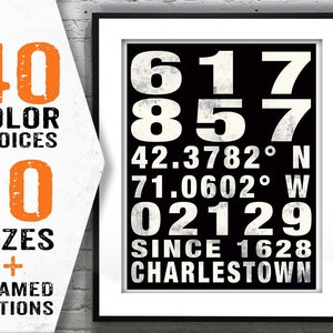 Charlestown Boston Subway Poster Art Print Massachusetts MA Zip Area Codes Longitude Latitude Item T1216