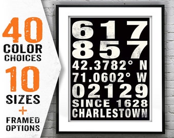 Charlestown Boston Subway Poster Art Print Massachusetts MA Zip Area Codes Longitude Latitude Item T1216