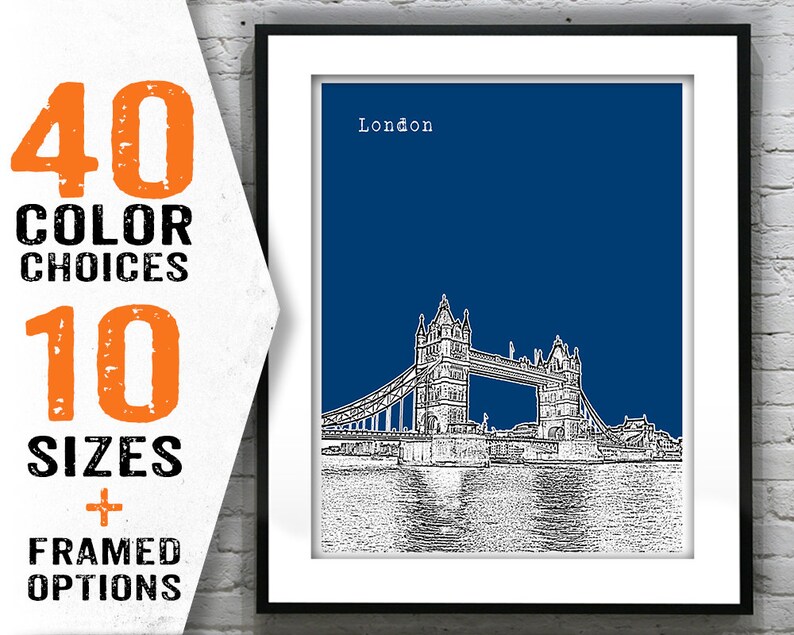 May include: A white line drawing of Tower Bridge in London against a dark blue background. The text "London" is at the top of the image.