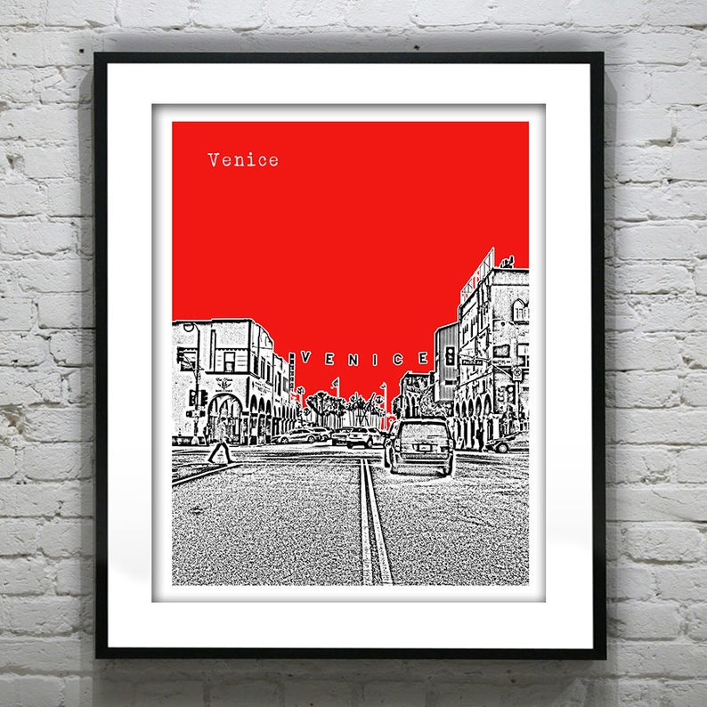 May include: A black and white illustration of a street scene in Venice, California. The image is set against a bright red background. The text "Venice" appears at the top of the image.