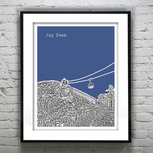 May include: A blue and white illustration of a mountain with a gondola lift. The text "Jay Peak" is at the top of the image.