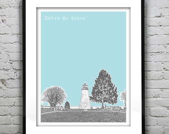 Havre de Grace Maryland Skyline Print Print MD Concord Point Lighthouse Item T4616