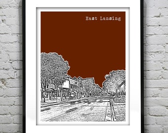 East Lansing Michigan Skyline Art Print Poster MI Version 1