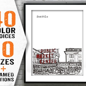Seattle Skyline Poster Art Print Washington WA Public Market Item T1551