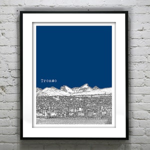 May include: A black and white illustration of the city of Tromso, Norway, with mountains in the background. The illustration is on a dark blue background.