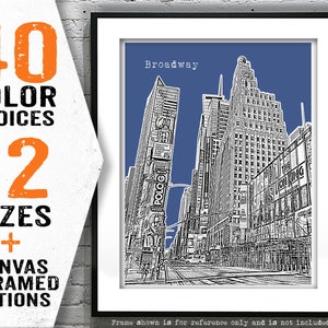 May include: A black and white line drawing of the New York City skyline, including the iconic Times Square area. The drawing is on a blue background with the word "Broadway" at the top.