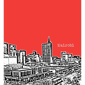 K&ouml;nnte beinhalten: Eine Schwarzwei&szlig;illustration der Skyline von Nairobi mit dem Text "Nairobi" in Wei&szlig; auf rotem Hintergrund. Die Illustration zeigt Geb&auml;ude, Stra&szlig;en und Menschen.