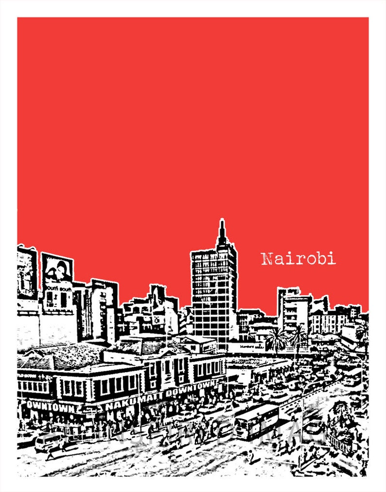 K&ouml;nnte beinhalten: Eine Schwarzwei&szlig;illustration der Skyline von Nairobi mit dem Text "Nairobi" in Wei&szlig; auf rotem Hintergrund. Die Illustration zeigt Geb&auml;ude, Stra&szlig;en und Menschen.
