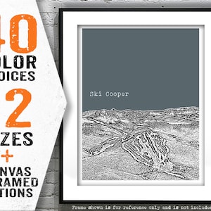 May include: A black and white illustration of the Ski Cooper ski resort in Colorado. The illustration is on a gray background with the text "Ski Cooper" at the top.