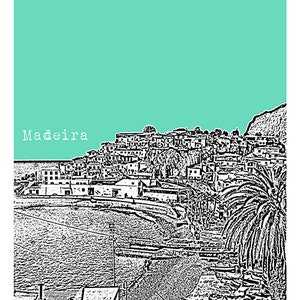 May include: Black and white illustration of a coastal town with the word "Madeira" in white text at the top of the image. The town is situated on a hillside with a palm tree in the foreground.