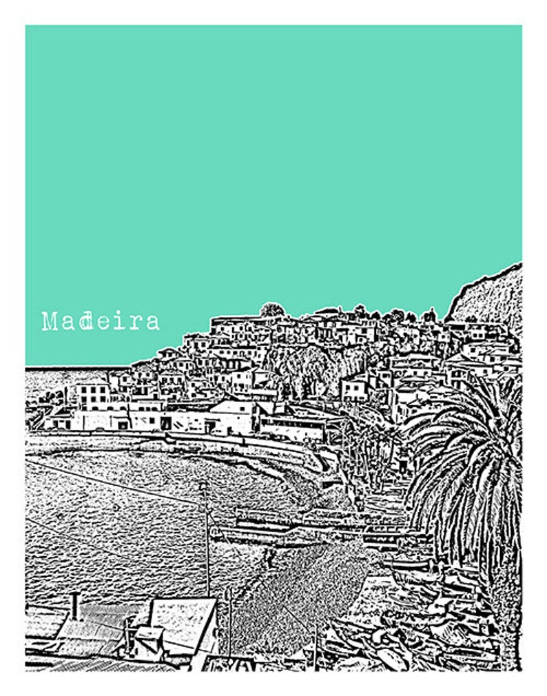 May include: Black and white illustration of a coastal town with the word "Madeira" in white text at the top of the image. The town is situated on a hillside with a palm tree in the foreground.