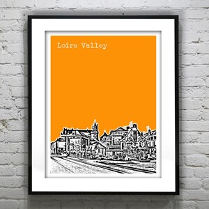 May include: A black and white illustration of a cityscape with the text "Loire Valley" in black on a bright orange background.