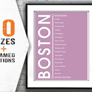 May include: A pink and white subway map print with the word "BOSTON" in large white letters. The map shows the stops on the commuter rail line from South Station to Worcester.