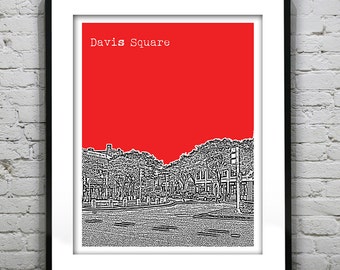 Davis Square Skyline Poster Art Print  Boston Somerville Cambridge Massachusetts Item T4953