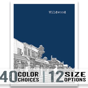 May include: A black and white illustration of a street scene in Wildwood, New Jersey. The illustration features buildings with shop fronts and signs, including a diner with a neon sign that reads "Wildwood Diner".