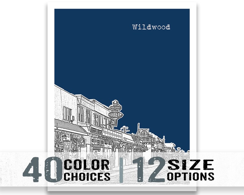 May include: A black and white illustration of a street scene in Wildwood, New Jersey. The illustration features buildings with shop fronts and signs, including a diner with a neon sign that reads "Wildwood Diner".
