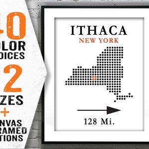 May include: A black and white illustration of the state of New York with a red dot marking the location of Ithaca. The text "ITHACA NEW YORK" and "128 Mi." are also included in the image.