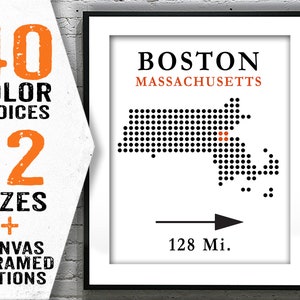 Boston Poster Art Print Map Customizable Hometown Distance Massachusetts MA Item T2418