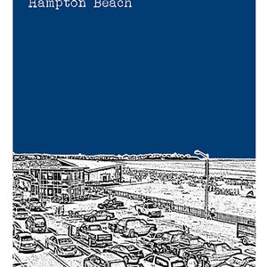 May include: A black and white illustration of Hampton Beach with a deep blue sky. The image depicts a beach scene with cars parked along the road and a building in the background. The text "Hampton Beach" is at the top.