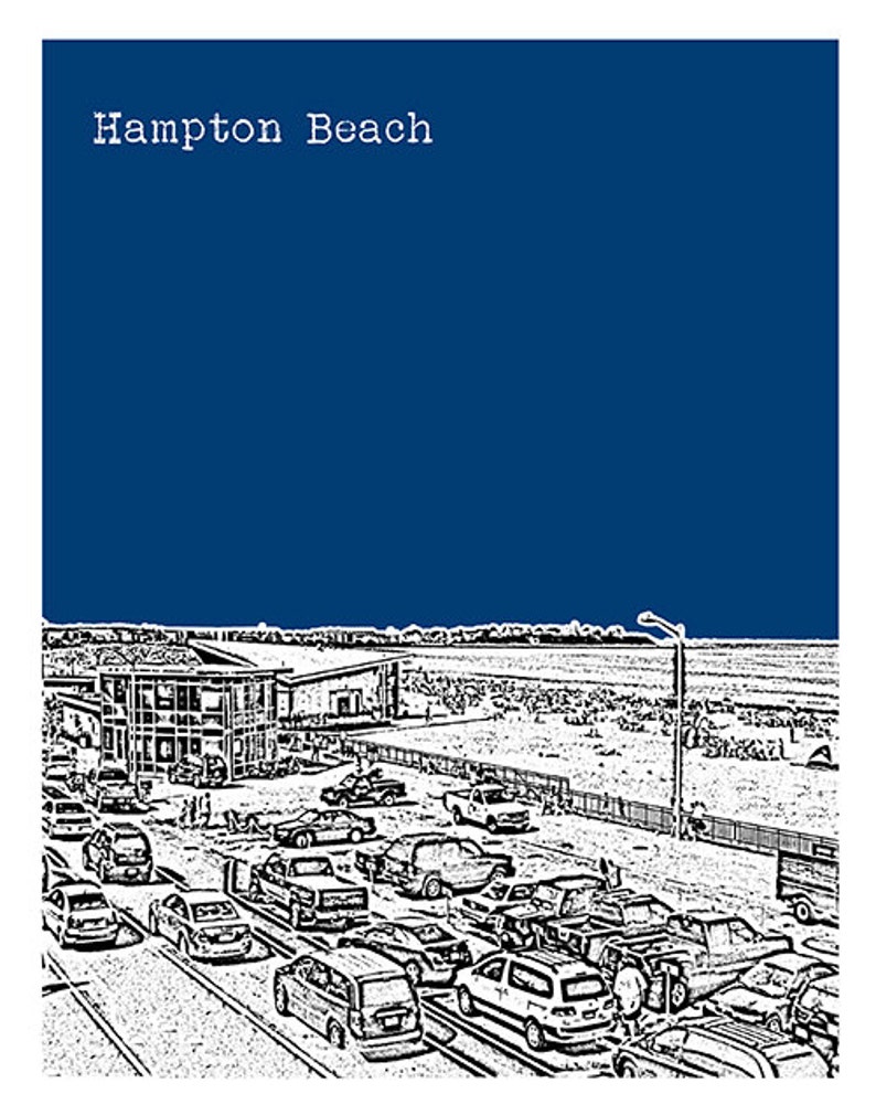 May include: A black and white illustration of Hampton Beach with a deep blue sky. The image depicts a beach scene with cars parked along the road and a building in the background. The text "Hampton Beach" is at the top.