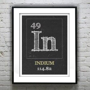 May include: A black and white illustration of the periodic table element Indium. The atomic number 49 and atomic weight 114.82 are displayed in white text on a black background.