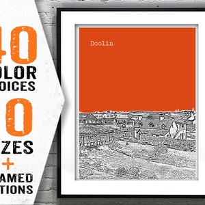 May include: A black and white illustration of a town with the word "Doolin" printed in white on an orange background.