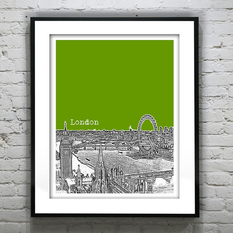 Może przedstawiać: Czarno-biały rysunek linii horyzontu Londynu z London Eye, Big Benem i innymi słynnymi zabytkami. Rysunek znajduje się na zielonym tle z napisem "London" w białym kolorze.
