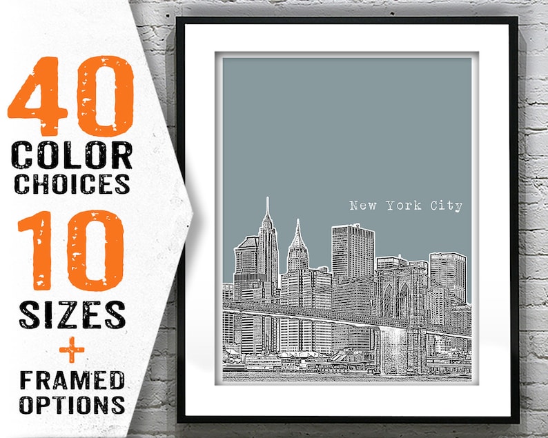 New York City Skyline Art Print Poster NYC Brooklyn Bridge Manhattan ...