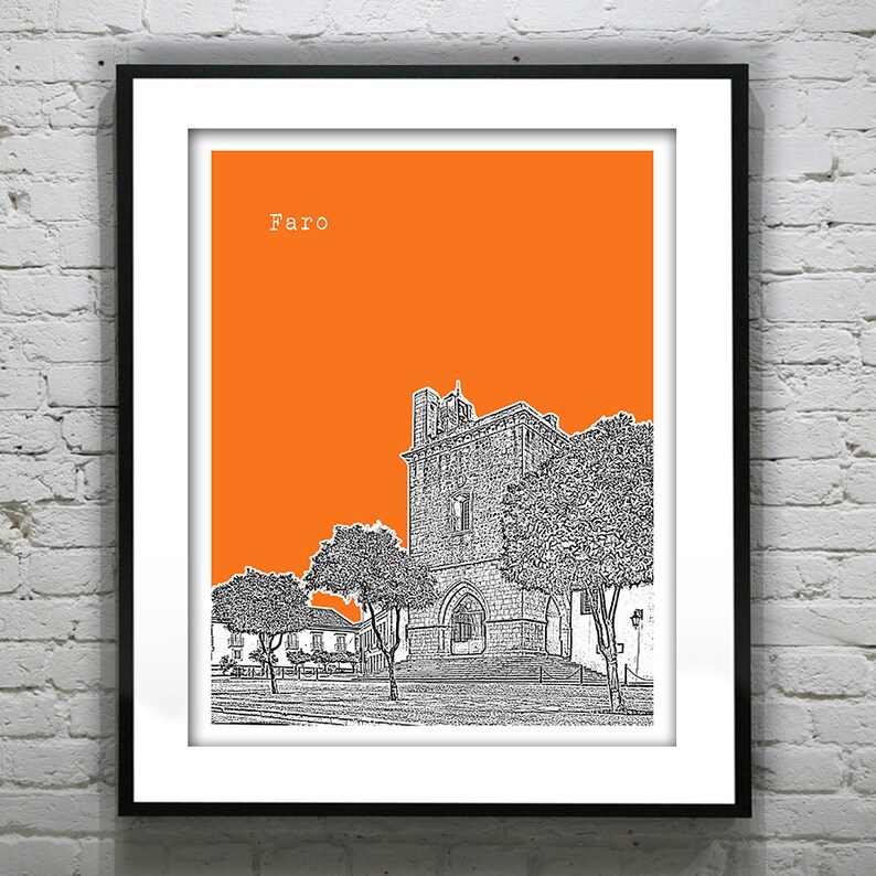 May include: A black and white line drawing of a building with a tower in front of a bright orange background. The text "Faro" is at the top of the image.