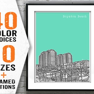 May include: Framed art print featuring a black and white illustration of Boynton Beach, Florida, with a teal background. The print includes the text "Boynton Beach" and offers 40 color choices, 10 sizes, and framed options.