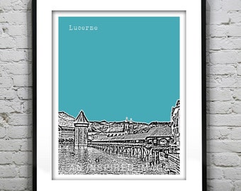 Lucerne Switzerland Skyline Poster Luzern Chapel Bridge over the Reuss Art Print