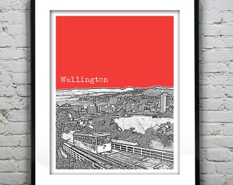 Wellington New Zealand Poster Art Skyline Travel Print Cable Car