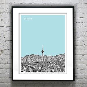 May include: A black and white line drawing of the Tehran skyline with a light blue background. The drawing features a tall tower in the center of the skyline. The text "Tehran" is at the top of the image.