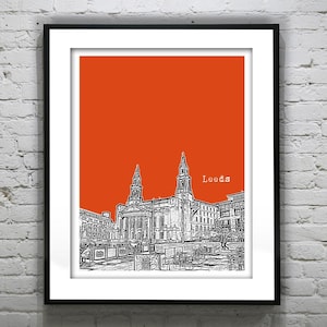 May include: A black and white line drawing of a building with two towers against a bright orange background. The text "Leeds" is written in white at the top of the image.