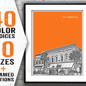 May include: A black and white illustration of a building in Brunswick, Georgia. The illustration is on a bright orange background. The text "Brunswick" is at the top of the image.