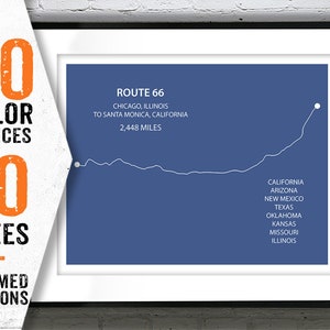 May include: A blue and white print of Route 66, a famous highway in the United States. The print shows the route of the highway, which stretches from Chicago, Illinois to Santa Monica, California. The print also includes the text "ROUTE 66", "CHICAGO, ILLINOIS", "TO SANTA MONICA, CALIFORNIA", "2,448 MILES", and the names of the states the highway passes through: "CALIFORNIA", "ARIZONA", "NEW MEXICO", "TEXAS", "OKLAHOMA", "KANSAS", "MISSOURI", and "ILLINOIS".