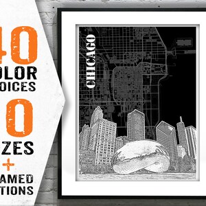 May include: Black and white illustration of the Chicago skyline with the Cloud Gate sculpture in the foreground. The text "CHICAGO" is written vertically on the left side of the image.