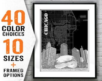 Chicago Illinois Poster Print City Skyline Art The Bean Map IL Item T1561