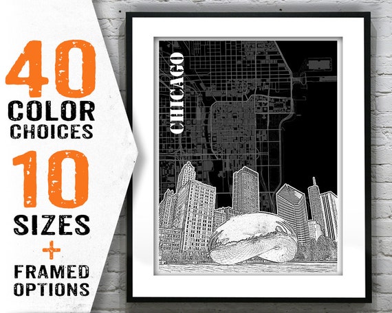 Chicago Illinois Poster Print City Skyline Art The Bean Map IL Item T1561
