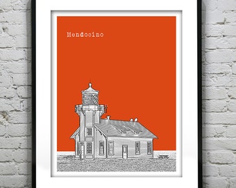 Mendocino California Poster Art Skyline Print CA Lighthouse