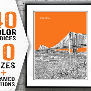 Tacoma Washington Poster Skyline Art Print Tacoma Narrows Bridge  Item T1326