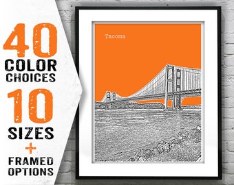Tacoma Washington Poster Skyline Art Print Tacoma Narrows Bridge  Item T1326