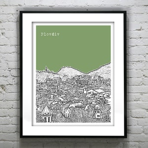 May include: A black and white line drawing of the city of Plovdiv, Bulgaria, with the city name in white text at the top of a green background.