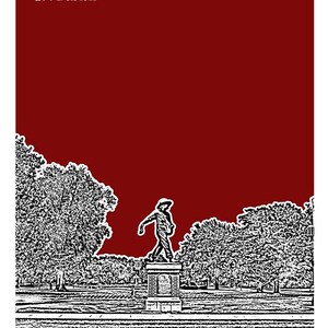 May include: A black and white illustration of a statue of a person walking, set against a red background. The statue is on a pedestal and surrounded by trees. The word "Norman" is at the top of the image.