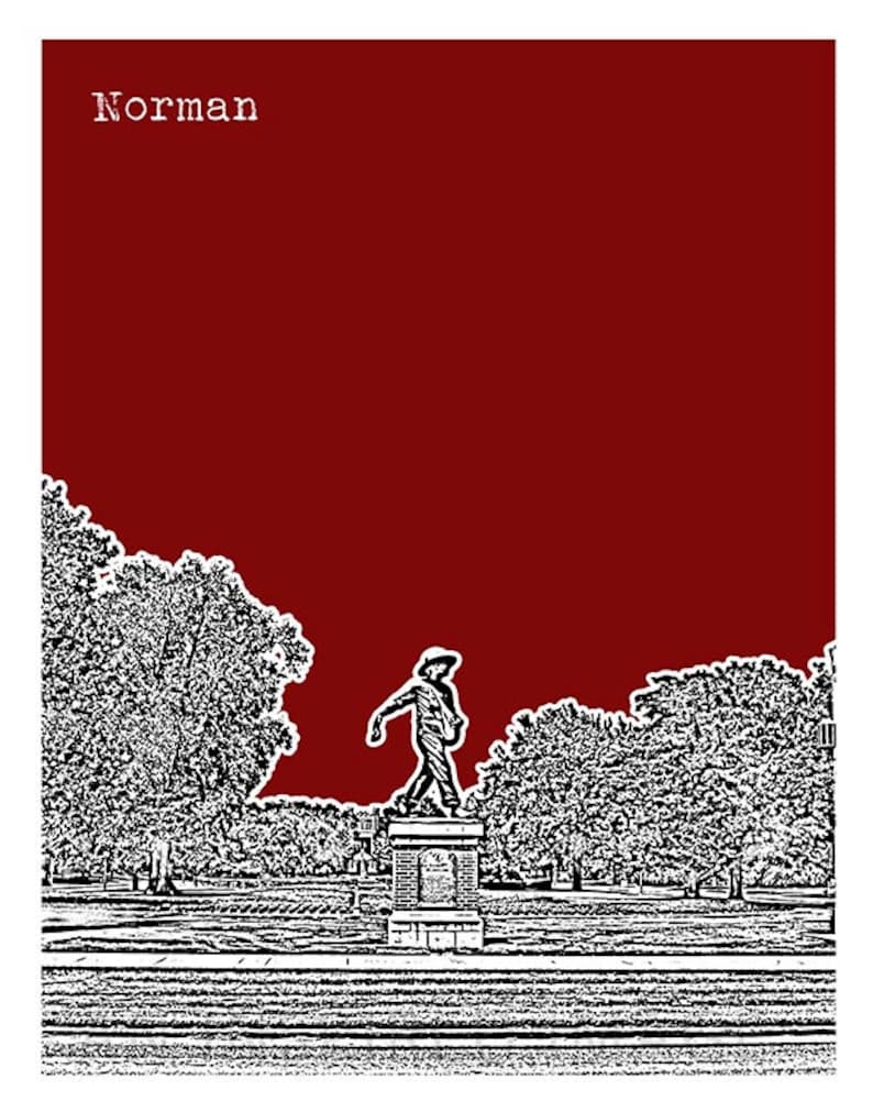 May include: A black and white illustration of a statue of a person walking, set against a red background. The statue is on a pedestal and surrounded by trees. The word "Norman" is at the top of the image.